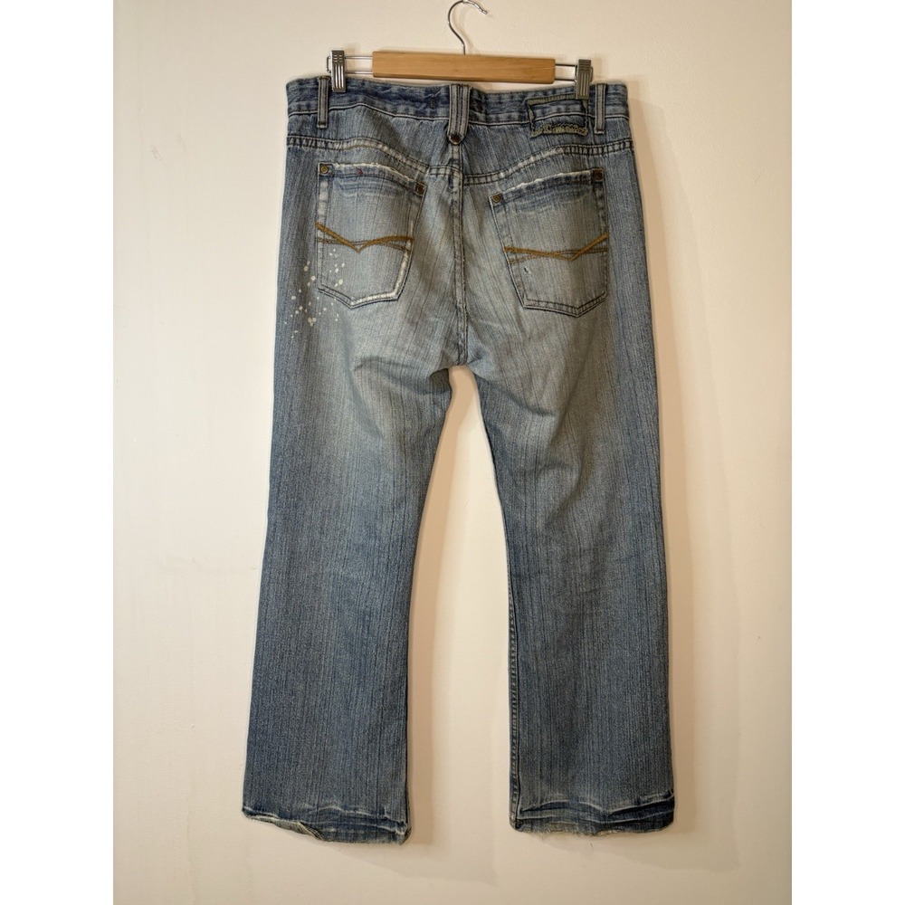 Y2K Plugg Jeans Co Mens 34x30 Bootcut Ripped Denim Jeans Medium Wash 100% Cotton - Picture 2 of 15
